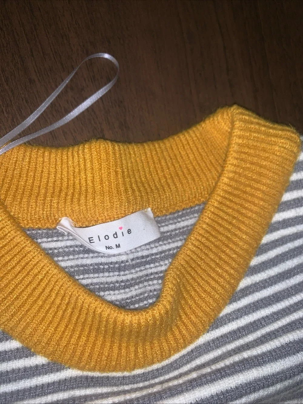 Striped Gray & White Crewneck with Mustard Rib Collar